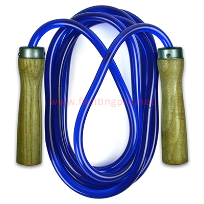 "High-speed PVC jump rope with light-grained wooden handles, designed for smooth rotation and fitness training."